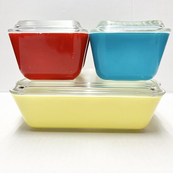 Vtg Pyrex Refrigerator Dish Set Primary Colors Lids 3rd Run 503 502 501 1960s